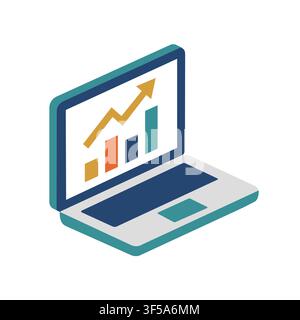 Ordinateur portable isométrique affichant un graphique de données de croissance avec une flèche ascendante à l'écran, signifiant le succès commercial, l'analyse financière et les performances du marketing numérique Illustration de Vecteur