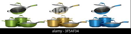 Ensemble de stewpot en acier inoxydable et ustensiles de cuisine en aluminium chromé sur fond blanc Banque D'Images