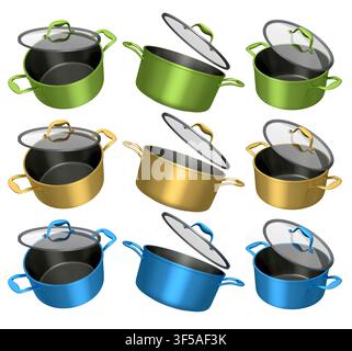 Ensemble de stewpot en acier inoxydable et ustensiles de cuisine en aluminium chromé sur fond blanc Banque D'Images