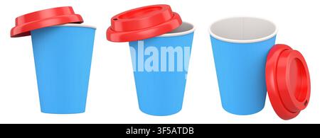 Ensemble de tasses à café à emporter avec couvercles, isolé sur fond blanc, concept de boisson Banque D'Images