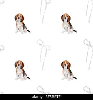 Un motif naissant sans couture en aquarelle mignon. Un animal doux avec un nœud dans des tons pastel. Parfait pour le papier d'emballage, les textiles et les produits de soins pour animaux. Banque D'Images
