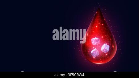 Sucre dans le sang. Taux élevé de glucose, icône numérique d'hyperglycémie. Diagnostic poly pancréatique, test de chute d'insuline ou d'hormone. Santé métabolique. Cubes à l'intérieur d'une goutte rouge. Bannière médicale horizontale vectorielle Illustration de Vecteur