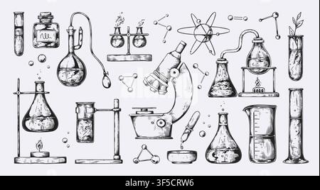 Équipement de laboratoire. Gobelet de chimie scientifique, tube à essai de laboratoire ou flacon en verre médical. Éléments dessinés à la main d'une bouteille de flacon. Verrerie scientifique et microscope. Style de croquis isolé en vecteur, ensemble isolé Illustration de Vecteur