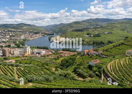 Vue panoramique de Peso da Regua et du fleuve Douro entourés de vignes en terrasses dans le val du Douro, Portugal Banque D'Images