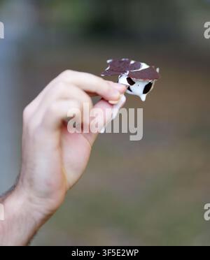 Main tenant une petite bouchée de glace couverte de chocolat qui fond à l'extérieur, avec la friandise glacée qui dégoutte sur les doigts Banque D'Images