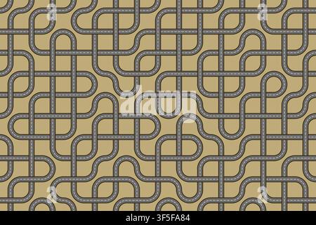 Fond labyrinthe routier abstrait avec chevauchement. Carte de route goudronnée sinueuse et labyrinthe de pistes courbes vue aérienne motif vectoriel de chemin sans couture Illustration de Vecteur