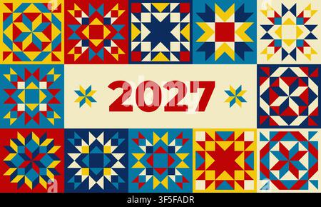 Motif de courtepointe géométrique avec typographie 2027, une composition vibrante de style courtepointe, étoiles carrées géométriques typographie audacieuse 2027, patchwork traditionnel Illustration de Vecteur