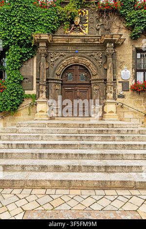 Vue détaillée du portail d'entrée en pierre orné et de la porte en bois de l'hôtel de ville historique de Quedlinburg, encadré par du lierre et des fleurs rouges. Banque D'Images