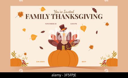 Dinde mignonne avec des citrouilles et une couronne d'automne pour une invitation à un dîner de Thanksgiving. Idéale pour les cartes de vœux, les événements de fête et la conception d'impression, illustration vectorielle. Illustration de Vecteur