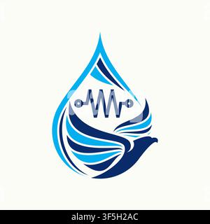 Modèle de conception de logo moderne en forme de goutte d'eau représentant un oiseau, avec une ligne de pulsation d'onde sonore pour la technologie, le son, la communication maritime ou l'identité d'entreprise liée à la pureté de l'eau. Illustration de Vecteur