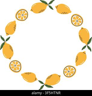 Cadre de couronne circulaire dessiné à la main en citrons jaunes entiers et coupés avec des feuilles vertes, isolé sur un fond blanc. Parfait pour les invitations, gr Illustration de Vecteur