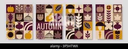 Ensemble de quatre affiches verticales d'inspiration rétro pour l'automne, présentant des compositions géométriques en grille avec des feuilles d'automne, des glands, des champignons, des pommes et des citrouilles. Ide Illustration de Vecteur