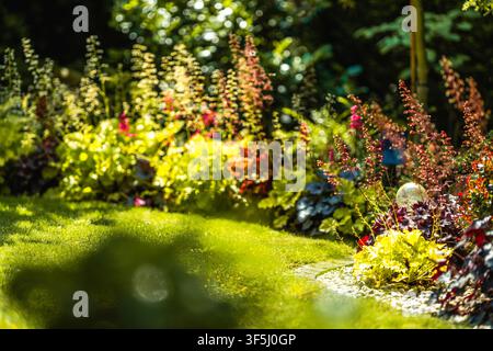 Le jardin présente des plantes vibrantes de différentes couleurs sous une lumière solaire éclatante. La zone comprend une variété de fleurs et de plantes vertes disposées le long d'un chemin. Su Banque D'Images