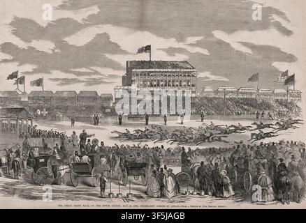 La Grande Course de Derby à Epsom Downs, Angleterre, 1860 – Gravure historique de courses de chevaux Banque D'Images