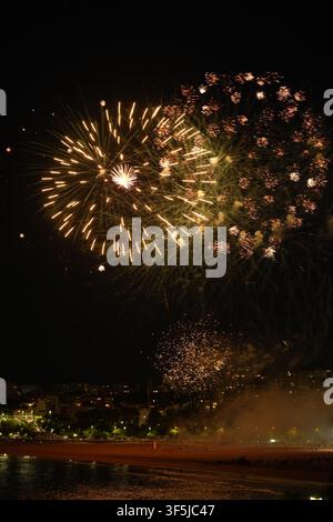 Des feux d'artifice dorés éclatent au-dessus d'une ville riveraine la nuit, avec des lumières de skyline lumineuses et des reflets sur l'eau, capturant une célébration festive en t Banque D'Images