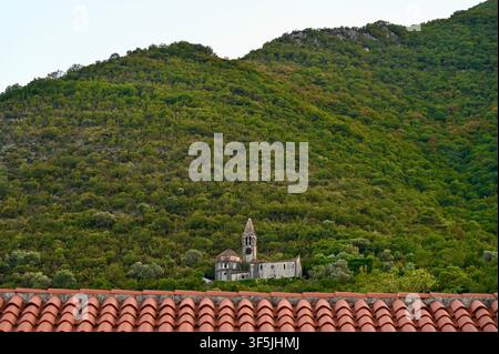 Une vue panoramique du paysage mettant en scène une église historique en pierre avec un haut clocher niché dans les contreforts densément végétés et verts d'une montagne massive, vue au-dessus de tuiles traditionnelles en terre cuite orange. Banque D'Images