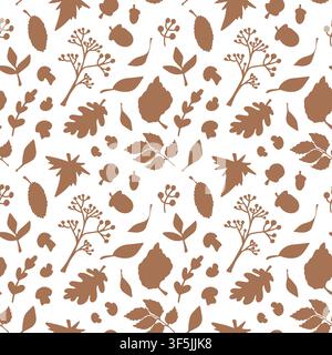 Motif vectoriel sans couture avec des feuilles d'automne brunes, des glands, des champignons et des baies sur fond blanc. Motif botanique douillet pour textiles et emballages. Illustration de Vecteur