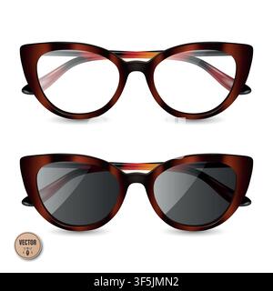 Ensemble de lunettes 3D en écaille de tortue. Lunettes et lunettes de soleil isolées avec cadre en écaille de tortue. Collection de lunettes de mode brunes pour magasin d'optique Illustration de Vecteur