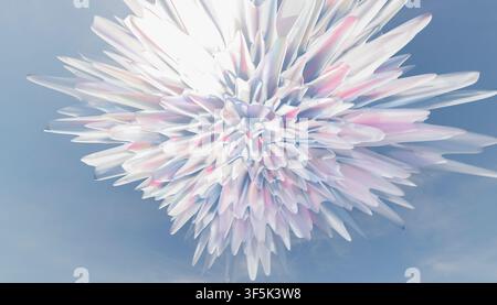 Rendu 3D abstrait d'une forme géométrique semblable à une fleur faite de courbes pastel superposées et de pétales translucides, rayonnant d'un centre détaillé contre un si Banque D'Images