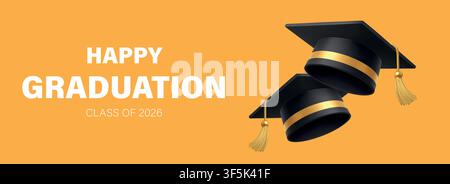 Bannière "Classe de promotion 2026" joyeuse avec deux toges d'accès sur fond jaune. Illustration vectorielle moderne de célébration académique Illustration de Vecteur