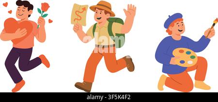 Ensemble de trois personnages de dessin animé actifs. Amant romantique avec un grand cœur, voyageur courant avec un sac à dos et artiste créatif tenant une palette de peinture Illustration de Vecteur