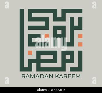 Design moderne carré de calligraphie arabe kufique mettant en avant la typographie Ramadan Kareem avec une mise en page géométrique élégante et une esthétique minimaliste. Illustration de Vecteur