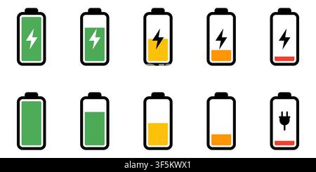Ensemble d'icônes vectorielles de batterie affichant divers niveaux de charge, indicateurs d'état, symboles de prise et éclairs en styles de contour et plats colorés Illustration de Vecteur