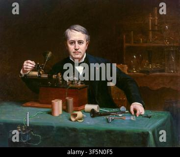 Thomas Edison. Peinture portrait de l'inventeur et homme d'affaires américain Thomas Alva Edison (1847-1931) avec son phonographe, huile sur toile par Abraham Archibald Anderson, 1890 Banque D'Images