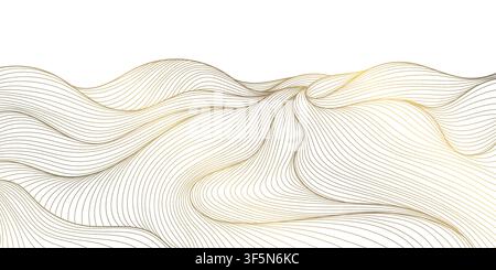 Motif nature en vague vectorielle, ligne or sur fond blanc avec montagnes, océan, mer, style japonais. Art mural ornemental élégant, poster, oriental Illustration de Vecteur