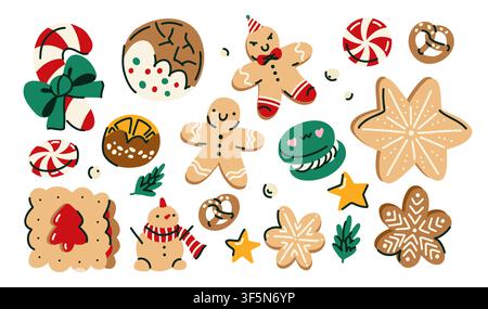 Collection de sucreries de Noël dessinées à la main mettant en vedette des biscuits, des bonbons, des gâteaux et des desserts festifs. Parfait pour les cartes de vœux, le branding de boulangerie, les emballages saisonniers Illustration de Vecteur