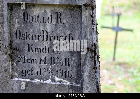 Croix funéraires en métal des soldats austro-hongrois de la Première Guerre mondiale sur un cimetière militaire historique dans la vallée alpine de la Soca près de Bovec, Slovénie. Banque D'Images