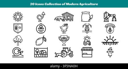 Vingt icônes vectorielles noir et blanc représentant divers aspects de l'agriculture contemporaine et des pratiques agricoles. Illustration de Vecteur