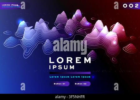 Bannière d'onde topographique violet-bleu, ligne de contour lumineuse en relief 3D sur fond sombre, modèle futuriste avec boutons pour les affaires. Illustration de Vecteur