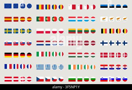 Collection géante des drapeaux nationaux des États membres de l'Union européenne en quatre formes différentes et styles plats en tant qu'icônes d'interface utilisateur Web vectorielles Illustration de Vecteur