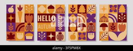 Ensemble de quatre affiches verticales d'inspiration rétro pour l'automne, présentant des compositions géométriques en grille avec des feuilles d'automne, des glands, des champignons, des pommes et des citrouilles. Par Illustration de Vecteur