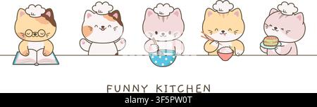 Bannière de chats cuisiniers amusants. Chats kawaii en carton cuisinant et mangeant. Chaton dans la cuisine, affichette mignonne et amusante à imprimer. Chef avec bol, burger, lecture Illustration de Vecteur