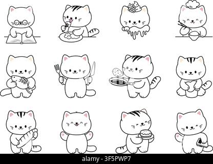 Autocollants kawaii de chatons. Chats simples en noir et blanc dans différentes actions. Coloriages de chatons en dessin animé. Chat cuisinant, lisant un livre, souriant, mangeant, embrassant un poisson Illustration de Vecteur