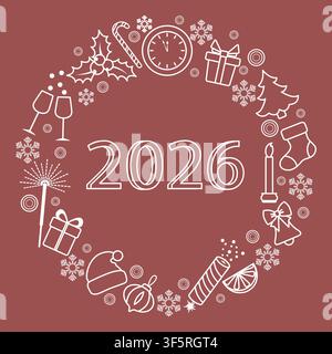 Icônes contourées du Nouvel An 2026 guirlande pour célébration de vacances et vecteur de fond festif Illustration de Vecteur