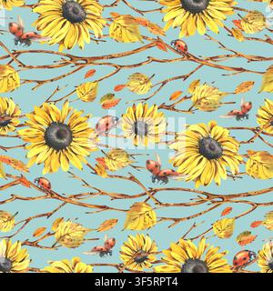 Motif sans couture avec des tournesols aquarellés et des coccinelles. Illustration florale automnale dessinée à la main avec des feuilles jaunes et des branches d'arbres. Botanique Banque D'Images