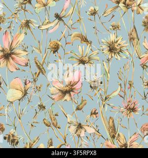 Motif sans couture aquarellé avec des fleurs de prairie sauvages et des herbes de champ dessinées à la main en couleurs pastel. Illustration botanique florale avec une libellule pour Banque D'Images