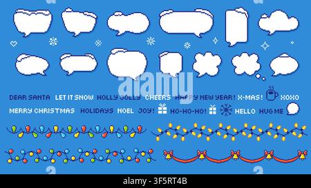 Éléments pour les vacances de Noël. Bulles de dialogue en pixel art avec chapeaux de neige, textes de vœux de Noël et du Nouvel An, flocons de neige et guirlandes, ensemble pixelisé vectoriel Illustration de Vecteur