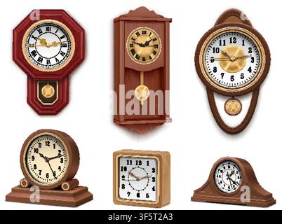 Horloges antiques réalistes. Cadran d'horloge murale vintage ancienne, horloge grand-père à pendule, temps, métal, bois, intérieur classique, cheminée, table, poignet, horloge tour, réveil, 3D, illustration vectorielle criarde, œuvre originale Illustration de Vecteur