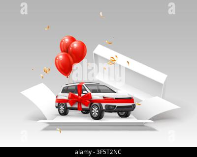 Voiture cadeau réaliste. SUV en boîte cadeau blanche avec nœud ruban rouge, promotion de détail cadeau de voiture loterie grand prix véhicule concessionnaire automobile bannière publicitaire illustration vectorielle 3D œuvre originale Illustration de Vecteur