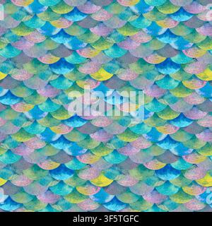Motif sans couture d'écailles de sirène en aquarelle inspiré des poissons de récif tropicaux. Texture océan peinte à la main avec effet irisé pour tissu, emballage Banque D'Images