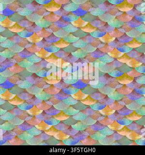 Motif sans couture d'écailles de sirène en aquarelle inspiré des poissons de récif tropicaux. Texture océan peinte à la main avec effet irisé pour tissu, emballage Banque D'Images