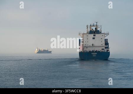 Istanbul, Turquie. 4 août 2026. De gros navires de charge naviguent sur les eaux calmes du Bosphore à Istanbul, Turquie. (Credit Image: © Moe Zoyari/ZUMA Press Wire) USAGE ÉDITORIAL UNIQUEMENT ! Pas pour USAGE COMMERCIAL ! Banque D'Images