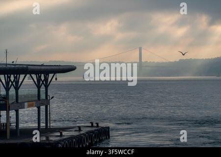 Istanbul, Turquie. 4 août 2026. Un navire de charge navigue alors que le pont du Bosphore enjambe un plan d'eau calme sous un ciel nuageux à Istanbul, Turquie. (Crédit image : © Moe Zoyari/ZUMA Press Wire) USAGE ÉDITORIAL SEULMENT ! Pas pour un USAGE COMMERCIAL ! Banque D'Images