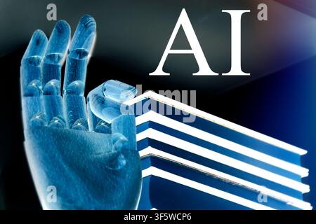 Gros plan d'une main robotique faisant le geste OK devant une étagère à livres avec un panneau IA proéminent. Un dégradé de couleurs bleu et noir futuriste crée une h Banque D'Images