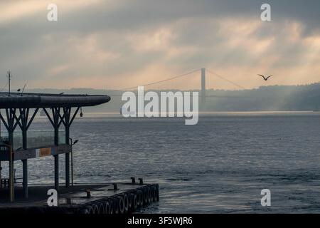 Istanbul, Turquie. 04 août 2026. Un navire de charge navigue alors que le pont du Bosphore enjambe un plan d'eau calme sous un ciel nuageux à Istanbul, Turquie, le 4 août 2026. (Photo de Moe Zoyari/Sipa USA) Crédit : Sipa USA/Alamy Live News Banque D'Images