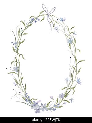 Couronne florale avec des fleurs de jacinthe et des plantes sauvages. Cadre d'illustration aquarellée dessinée à la main avec des fleurs bleu clair et du feuillage vert. Botanique Banque D'Images